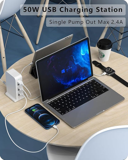 USB Charging Station - Multiport USB Charger Hub,6 Port Charger Tower for iPhone 15/14/13/12, iPad, Samsung Galaxy, Google Pixel,HTC, and Multiple Devices (white - 50W) | Charging Stations - TrueDesk