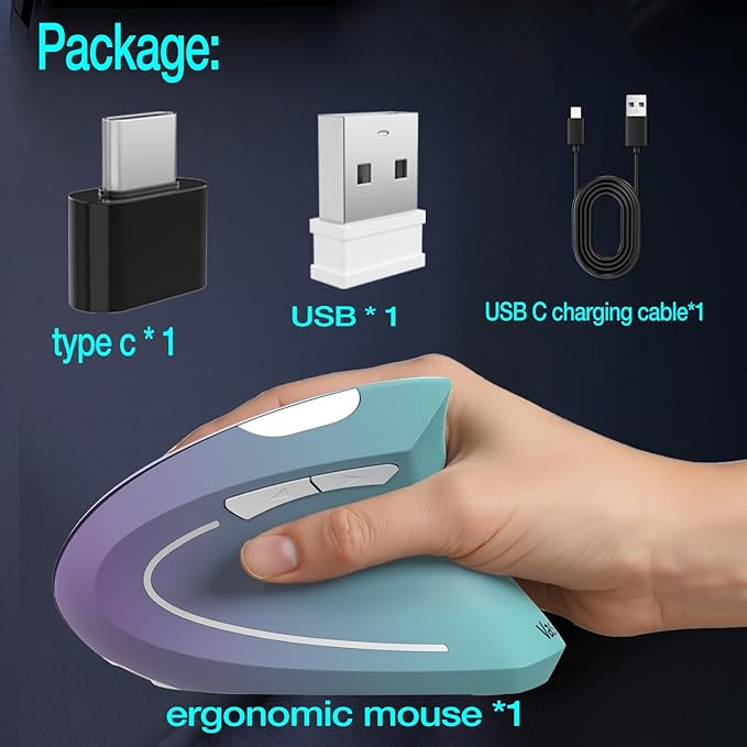 Vassink Ergonomic Wireless Rechargeable Mouse, USB A+Type C(2in 1) Connection, 800/1200/1600 DPI, 6 Buttons, 2.4GHz Carpal Tunnel Vertical Mice, for Laptop, Desktop,MacBook Purple Gradient Green | Mice - TrueDesk