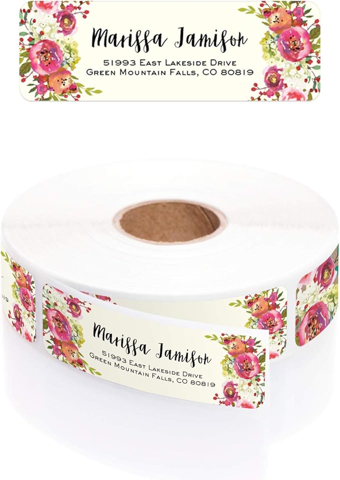 Vibrant Floral and Ivory Rolled Address Labels/Roll of 250 Personalized Address Labels/Designer Return Address Stickers in Elegant Plastic Dispenser | Address Labels - TrueDesk