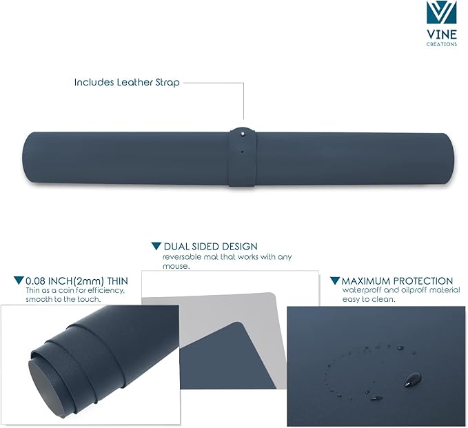 Vine Creations Leather Desk Mat Large 36" x 20", Desk Protector Mat, PU Leather Desk Pad, Large Mouse Pad, Desk Blotter, Desk Pads on Top of Desks, Desk Matt for Desktop, Office Desk Mat (Dark Blue) | Desk Pads Blotters - TrueDesk