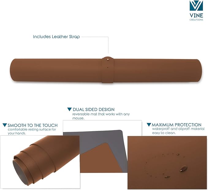 Vine Creations Leather Desk Pad - Large 44" x 22", Desk Protector, PU Leather, Brown | Desk Pads Blotters - TrueDesk