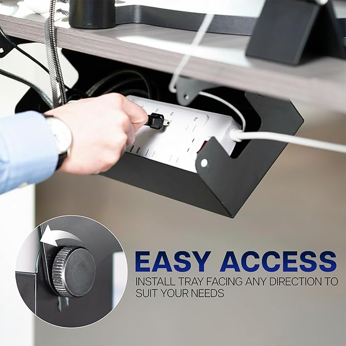 VIVO Flip - Open 16 inch Under Desk Cable Management Holder, Under Standing Desk Steel Cord and Power Strip Organizer, Black, Desk - ACCBM1 | Racks Cabinets - TrueDesk