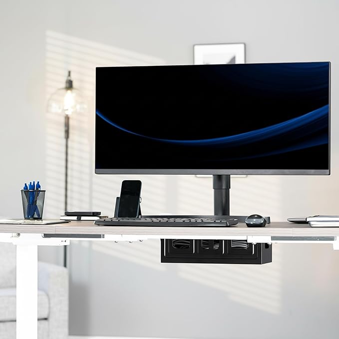 VIVO Flip - Open 16 inch Under Desk Cable Management Holder, Under Standing Desk Steel Cord and Power Strip Organizer, Black, Desk - ACCBM1 | Racks Cabinets - TrueDesk
