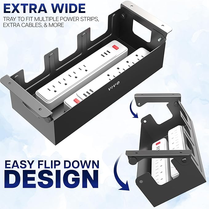 VIVO Flip - Open 16 inch Under Desk Cable Management Holder, Under Standing Desk Steel Cord and Power Strip Organizer, Black, Desk - ACCBM1 | Racks Cabinets - TrueDesk