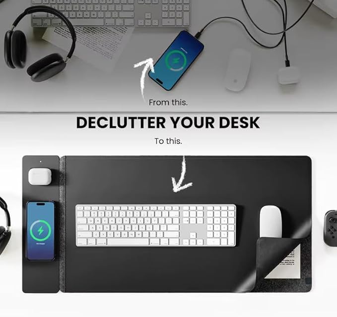Wireless Charging Desk Mat & Mouse Pad – Detachable 15W Compatible with MagSafe & Qi Fast Charger, Dual - Layer PU Leather Desk Protector with Hidden Felt Storage (Black) | Mouse Pads - TrueDesk