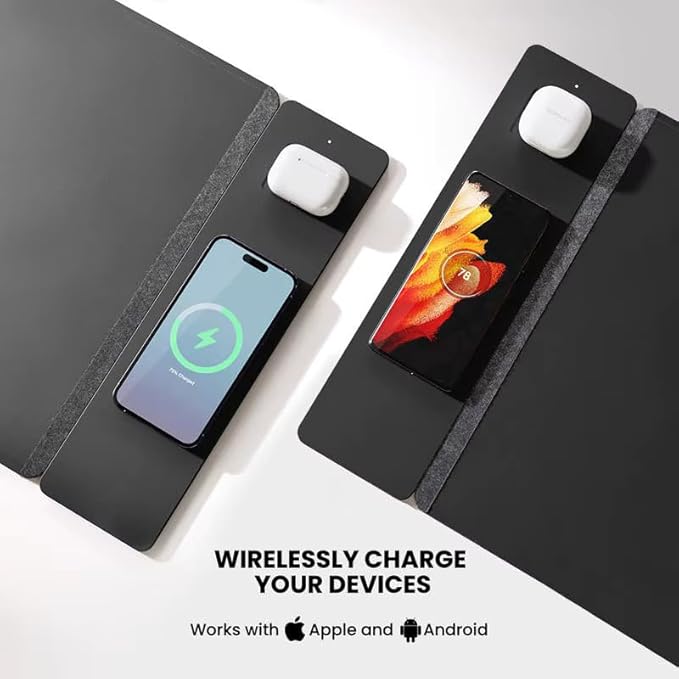 Wireless Charging Desk Mat & Mouse Pad – Detachable 15W Compatible with MagSafe & Qi Fast Charger, Dual - Layer PU Leather Desk Protector with Hidden Felt Storage (Black) | Mouse Pads - TrueDesk