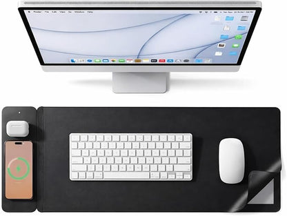 Wireless Charging Desk Mat & Mouse Pad – Detachable 15W Compatible with MagSafe & Qi Fast Charger, Dual - Layer PU Leather Desk Protector with Hidden Felt Storage (Black) | Mouse Pads - TrueDesk