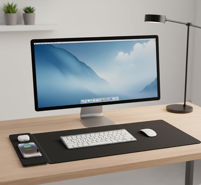 Wireless Charging Desk Mat & Mouse Pad – Detachable 15W Compatible with MagSafe & Qi Fast Charger, Dual - Layer PU Leather Desk Protector with Hidden Felt Storage (Black) | Mouse Pads - TrueDesk