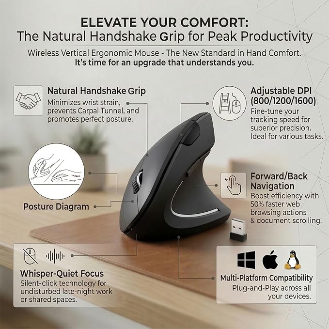Wireless Ergonomic Mouse,2.4G USB Wireless Vertical Mouse,Adjustable DPI(800/1200/1600),Quiet Clicks,6 Buttons for Laptop,PC,Mac,Desktop – Black | Mice - TrueDesk