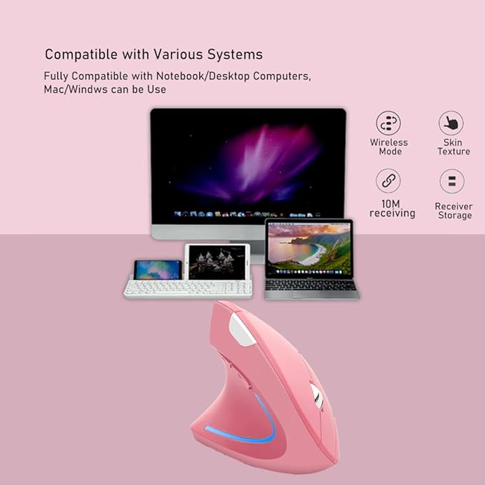 Wireless Mouse Ergonomic Vertical Mouse Ergo LED Light High Precision Optical Cordless Lightweight Mice Gift for Boy Girl Adults for PC Computer Laptop Mac Office,with Side Buttons, 800/1200/1600 DPI | Gaming Mice - TrueDesk