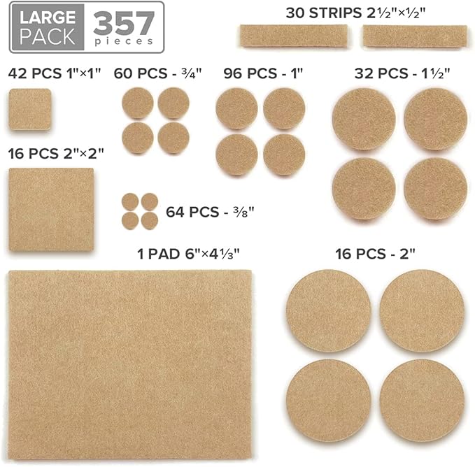 X - Protector 357 pcs Beige Felt Furniture Pads - Huge Quantity of Hardwood Floor Protectors with Many Big Sizes - Protect Any Type of Hard Floor | Furniture Pads - TrueDesk