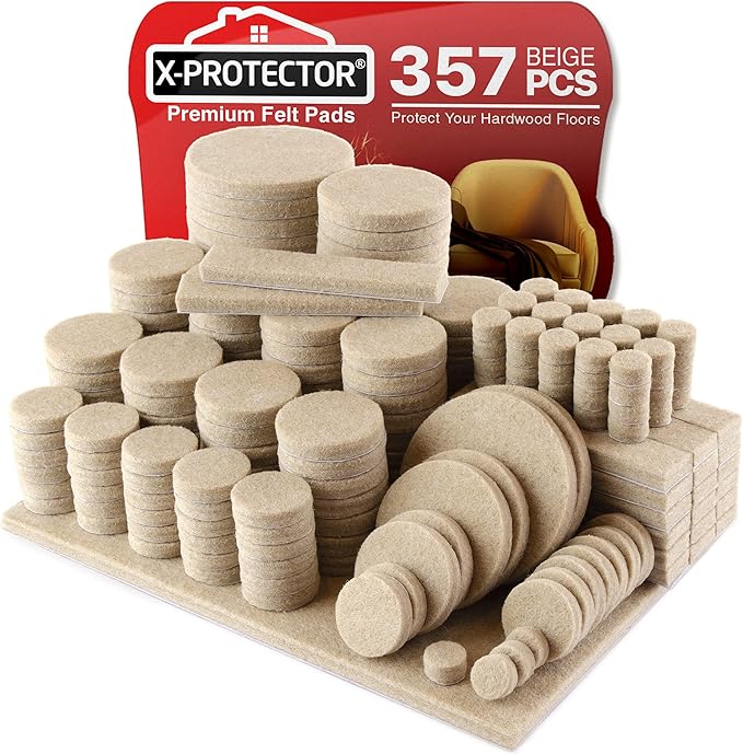 X - Protector 357 pcs Beige Felt Furniture Pads - Huge Quantity of Hardwood Floor Protectors with Many Big Sizes - Protect Any Type of Hard Floor | Furniture Pads - TrueDesk