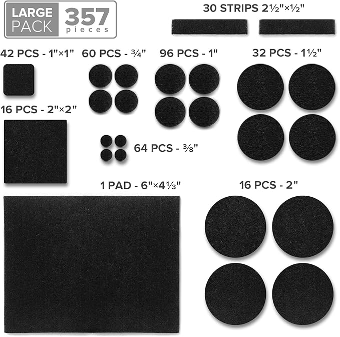 X - Protector 357 Pcs Black Felt Furniture Pads - Huge Quantity of Anti - Scratch, Heavy Duty Floor Protectors for Hardwood, Tile, Laminate - Suitable for Chairs, Tables, Sofa, Bed, Cabinet, Ottoman | Furniture Pads - TrueDesk