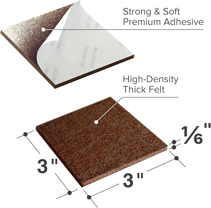 X - PROTECTOR Felt Furniture Pads - 12 PCS 3" - Felt Pads Floor Protectors - Chair Felt Pads - Felt Pads for Furniture Feet - Furniture Pads for Hardwood Floors - Protect Your Floors! (Brown, Square) | Furniture Pads - TrueDesk