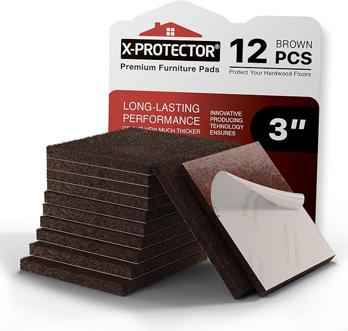 X - PROTECTOR Felt Furniture Pads - 12 PCS 3" - Felt Pads Floor Protectors - Chair Felt Pads - Felt Pads for Furniture Feet - Furniture Pads for Hardwood Floors - Protect Your Floors! (Brown, Square) | Furniture Pads - TrueDesk