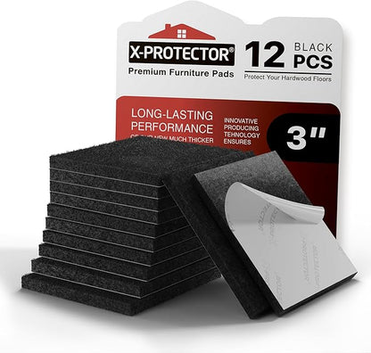 X - PROTECTOR Felt Furniture Pads - 12 PCS 3" - Felt Pads Floor Protectors - Chair Felt Pads - Felt Pads for Furniture Feet - Furniture Pads for Hardwood Floors - Protect Your Floors! (Black, Square) | Furniture Pads - TrueDesk
