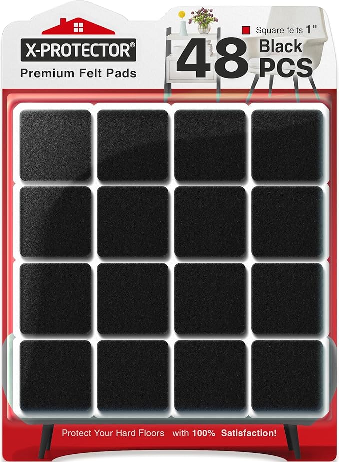 X - PROTECTOR Felt Furniture Pads - 48 PCS 1" - Felt Pads Floor Protectors - Chair Felt Pads - Felt Pads for Furniture Feet - Furniture Pads for Hardwood Floors - Protect Your Floors! (Black, Square) | Furniture Pads - TrueDesk