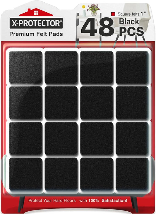 X - PROTECTOR Felt Furniture Pads - 48 PCS 1" - Felt Pads Floor Protectors - Chair Felt Pads - Felt Pads for Furniture Feet - Furniture Pads for Hardwood Floors - Protect Your Floors! (Black, Square) | Furniture Pads - TrueDesk