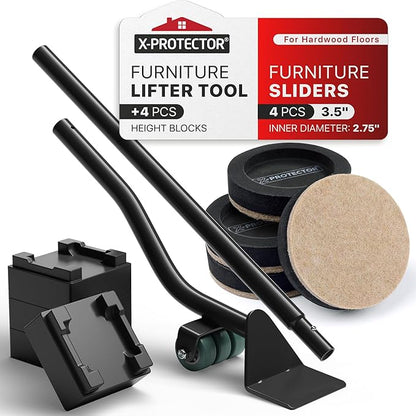 X - Protector Felt Furniture Sliders for Hardwood Floors & Furniture Lifter Tool Set - 4 PCS 3 1/2" Sliders for Furniture with Furniture Jack. Move Your Furniture Easily with Premium Furniture Movers! | Furniture Sliders - TrueDesk