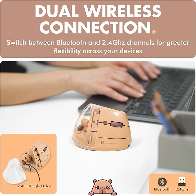 X9 Performance Wireless Vertical Ergonomic Mouse - Click with Capybara - (BT + 2.4G) Up to 4000 DPI, 6 Button, Rechargeable - Bluetooth Ergonomic Vertical Mouse Wireless - for Mac and PC - Brown | Mice - TrueDesk