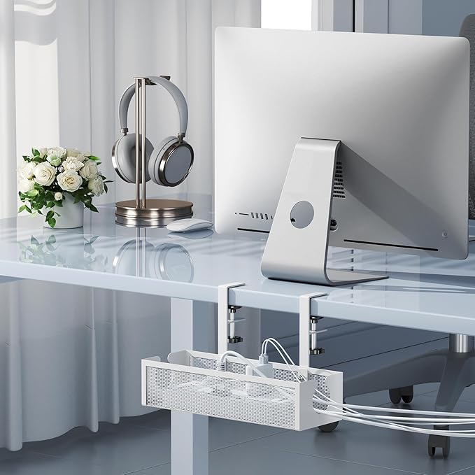 YECAYE No - Drill Metal Under Desk Cable Management Tray, Power Strip & Cable Organizer for Home Office,Under Desk Storage,Organizer Tray,White | Cable Raceways - TrueDesk