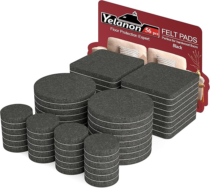 Yelanon Felt Furniture Pads - 56 Pcs(1+2)” Premium Felt Pads for Chair Legs Furniture, Floor Protectors for Hardwood Floors, Black | Furniture Pads - TrueDesk