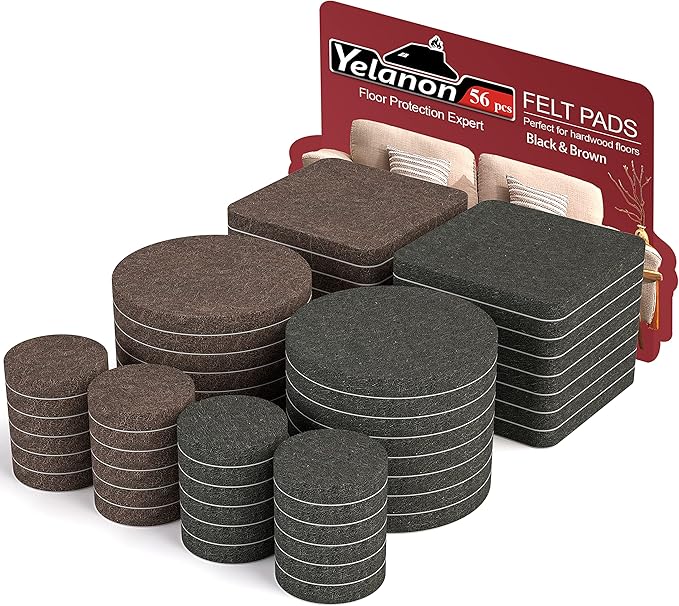 Yelanon Felt Furniture Pads - 56 Pcs(1+2)” Premium Felt Pads for Chair Legs Furniture, Floor Protectors for Hardwood Floors,Black & Brown | Furniture Pads - TrueDesk