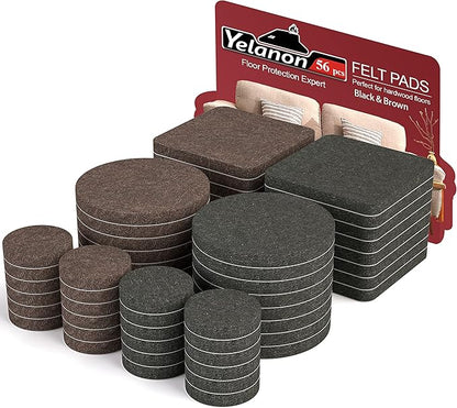 Yelanon Felt Furniture Pads - 56 Pcs(1+2)” Premium Felt Pads for Chair Legs Furniture, Floor Protectors for Hardwood Floors,Black & Brown | Furniture Pads - TrueDesk
