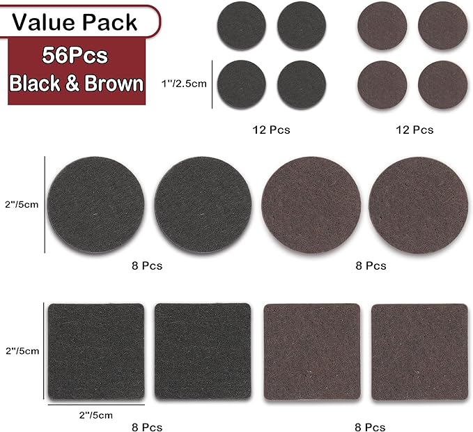 Yelanon Felt Furniture Pads - 56 Pcs(1+2)” Premium Felt Pads for Chair Legs Furniture, Floor Protectors for Hardwood Floors,Black & Brown | Furniture Pads - TrueDesk