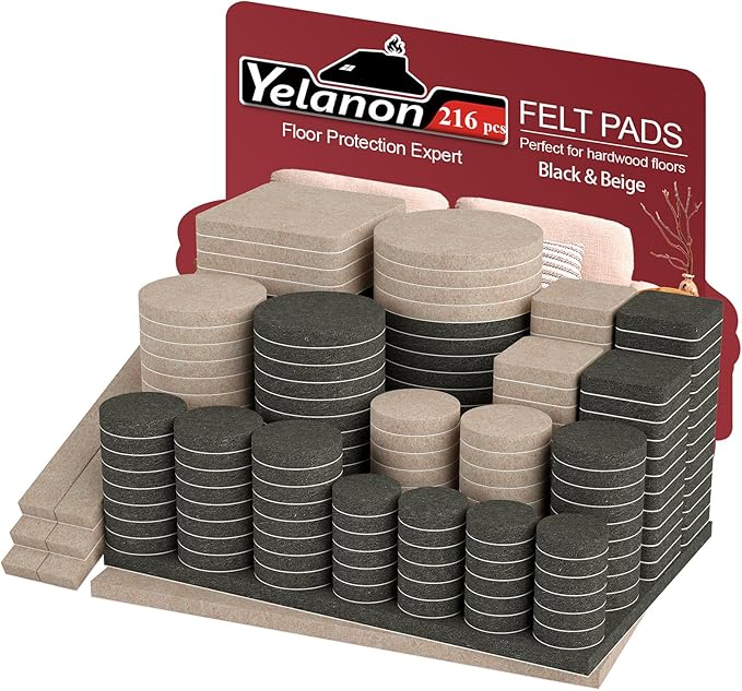 Yelanon Felt Furniture Pads for Hardwood Floors - 216 Pcs Premium Felt Pads for Chair Legs, Floor Protectors for Furniture, Beige & Black | Furniture Pads - TrueDesk