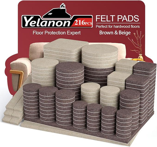 Yelanon Felt Furniture Pads for Hardwood Floors - 216 Pcs Premium Felt Pads for Chair Legs, Floor Protectors for Furniture, Beige & Brown | Furniture Pads - TrueDesk