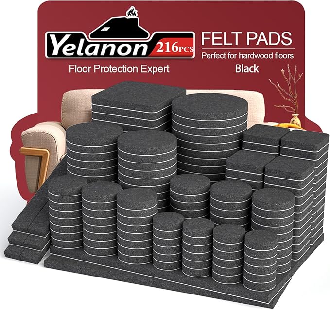 Yelanon Felt Furniture Pads for Hardwood Floors - 216 Pcs Premium Felt Pads for Chair Legs, Floor Protectors for Furniture, Black | Furniture Pads - TrueDesk