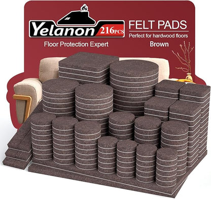 Yelanon Felt Furniture Pads for Hardwood Floors - 216 Pcs Premium Felt Pads for Chair Legs, Floor Protectors for Furniture, Brown | Furniture Pads - TrueDesk