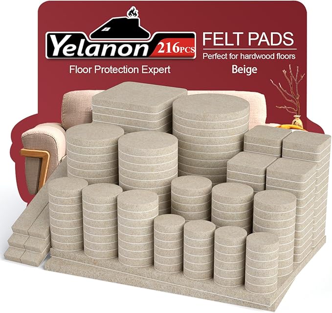 Yelanon Felt Furniture Pads for Hardwood Floors - 216 Pcs Premium Felt Pads for Chair Legs, Floor Protectors for Furniture,Beige | Furniture Pads - TrueDesk