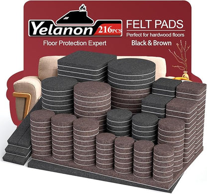 Yelanon Felt Furniture Pads for Hardwood Floors - 216 Pcs Premium Felt Pads for Chair Legs, Floor Protectors for Furniture,Black & Brown | Furniture Pads - TrueDesk