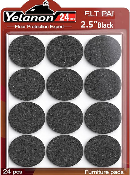 Yelanon Felt Furniture Pads for Hardwood Floors - 24 Pcs 2.5" Premium Felt Pads for Chair Legs, Floor Protectors for Furniture, Black | Furniture Pads - TrueDesk