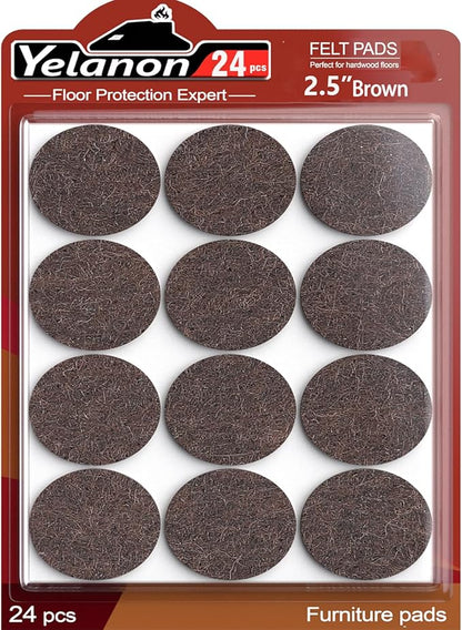 Yelanon Felt Furniture Pads for Hardwood Floors - 24 Pcs 2.5" Premium Felt Pads for Chair Legs, Floor Protectors for Furniture, Brown | Furniture Pads - TrueDesk