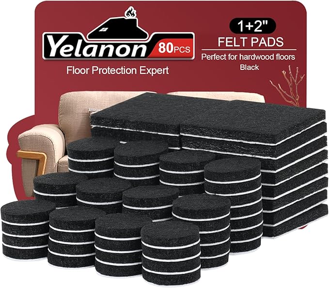 Yelanon Felt Furniture Pads for Hardwood Floors - 80 Pcs Premium Felt Pads for Chair Legs, Floor Protectors for Furniture, Black | Furniture Pads - TrueDesk