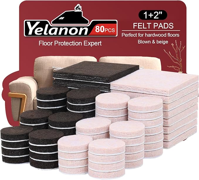 Yelanon Felt Furniture Pads for Hardwood Floors - 80 Pcs Premium Felt Pads for Chair Legs, Floor Protectors for Furniture,Brown&Beige | Furniture Pads - TrueDesk