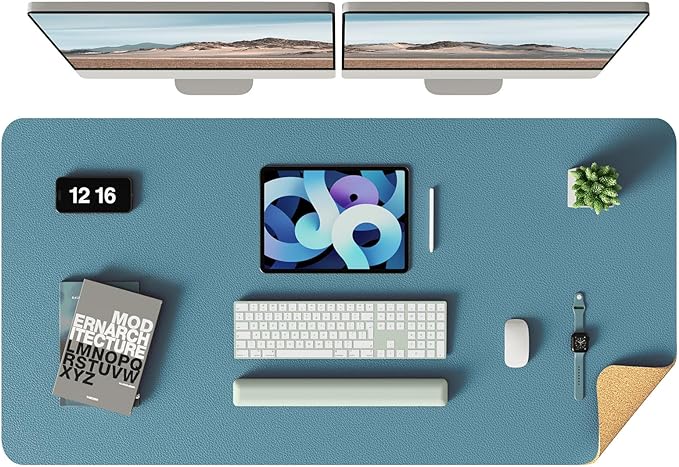 YSAGi Double - Sided Desk Mat, Eco Cork & Leather Desk Protector, Large Mouse Pad & Writing Pad for Office/Home (Sea Blue+Cork, 47.2" x 23.6") | Desk Pads Blotters - TrueDesk