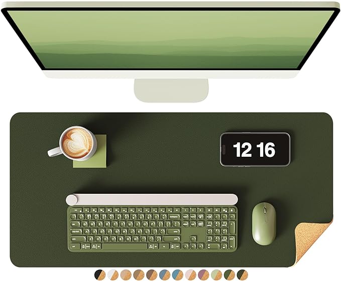 YSAGi Double - Sided Desk Pad, 23.6"x13.7" Leather Desk Mat, Eco Cork Desk Pad Protector, Large Mouse Pad for Desk, Waterproof Desk Blotter Pad, Desk Writing Pad for Office Work/Home(Dark Green/Cork) | Desk Pads Blotters - TrueDesk