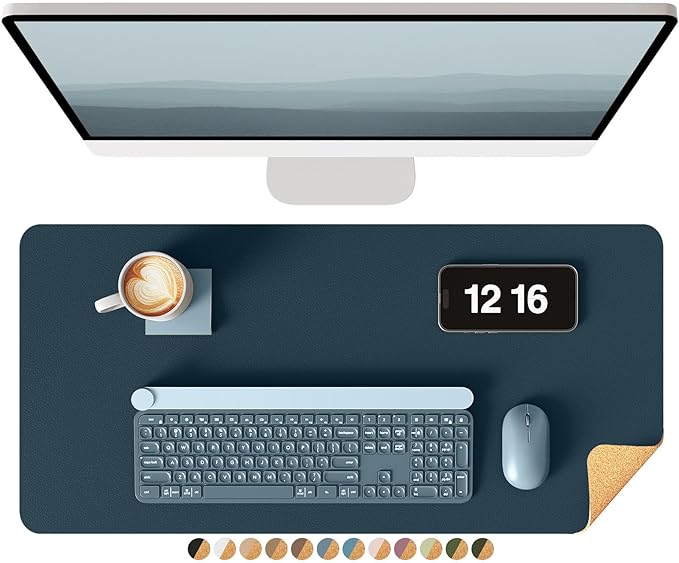 YSAGi Double - Sided Desk Pad, 23.6"x13.7"Leather Desk Mat, Eco Cork Desk Pad Protector,Large Mouse Pad,Waterproof Desk Blotter for Office/Home(Dark Blue) | Desk Pads Blotters - TrueDesk