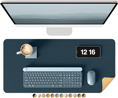 YSAGi Double - Sided Desk Pad, 23.6"x13.7"Leather Desk Mat, Eco Cork Desk Pad Protector,Large Mouse Pad,Waterproof Desk Blotter for Office/Home(Dark Blue) | Desk Pads Blotters - TrueDesk