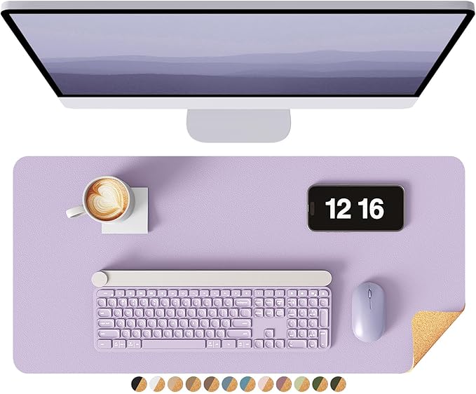 YSAGi Double - Sided Desk Pad, 23.6"x13.7"Leather Desk Mat, Eco Cork Desk Pad Protector,Large Mouse Pad,Waterproof Desk Blotter for Office/Home(Light Purple) | Desk Pads Blotters - TrueDesk