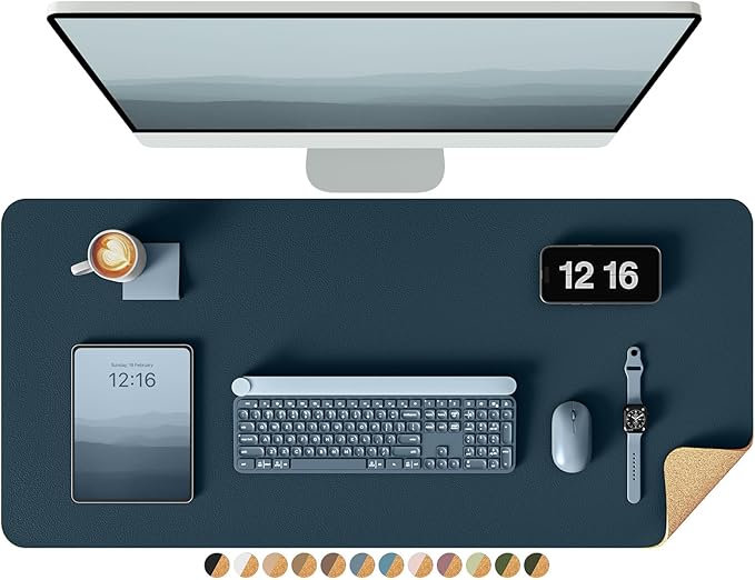 YSAGi Double - Sided Desk Pad, 31.5"x15.7"Leather Desk Mat, Eco Cork Desk Pad Protector,Large Mouse Pad,Waterproof Desk Blotter for Office/Home(Dark Blue) | Desk Pads Blotters - TrueDesk