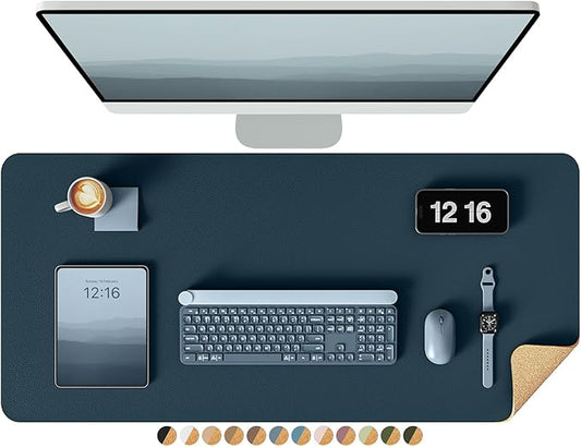 YSAGi Double - Sided Desk Pad, 31.5"x15.7"Leather Desk Mat, Eco Cork Desk Pad Protector,Large Mouse Pad,Waterproof Desk Blotter for Office/Home(Dark Blue) | Desk Pads Blotters - TrueDesk