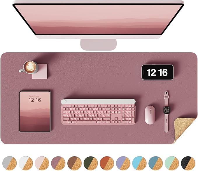YSAGi Double - Sided Desk Pad, 31.5"x15.7"Leather Desk Mat, Eco Cork Desk Pad Protector,Large Mouse Pad,Waterproof Desk Blotter for Office/Home(Dark Pink) | Desk Pads Blotters - TrueDesk