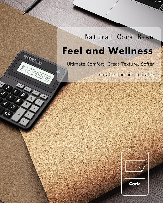 YSAGi Double - Sided Desk Pad, 31.5"x15.7"Leather Desk Mat, Eco Cork Desk Pad Protector,Large Mouse Pad,Waterproof Desk Blotter for Office/Home(Khaki) | Desk Pads Blotters - TrueDesk