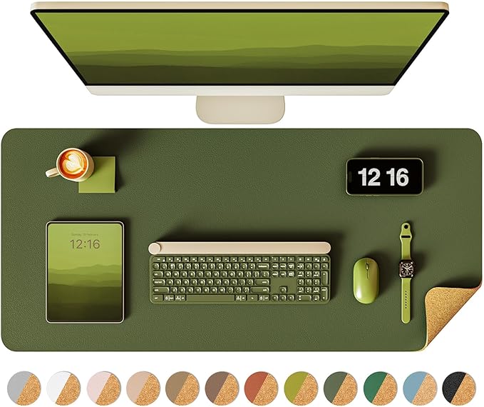YSAGi Double - Sided Desk Pad, 31.5"x15.7"Leather Desk Mat, Eco Cork Desk Pad Protector,Large Mouse Pad,Waterproof Desk Blotter for Office/Home(Olive Green) | Desk Pads Blotters - TrueDesk