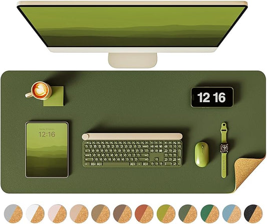 YSAGi Double - Sided Desk Pad, 31.5"x15.7"Leather Desk Mat, Eco Cork Desk Pad Protector,Large Mouse Pad,Waterproof Desk Blotter for Office/Home(Olive Green) | Desk Pads Blotters - TrueDesk